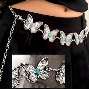 Silver & Turquoise Butterfly Chain Belt - Adjustable